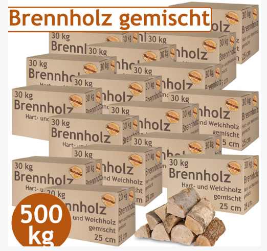 Gemischtes Brennholz 5 – 500 kg Buche, Eiche, Birke, Kiefer, Fichte – Feuerholz für Öfen und Kamine, Grill – Scheitlänge 25 cm, ofengetrocknet – FlameUp