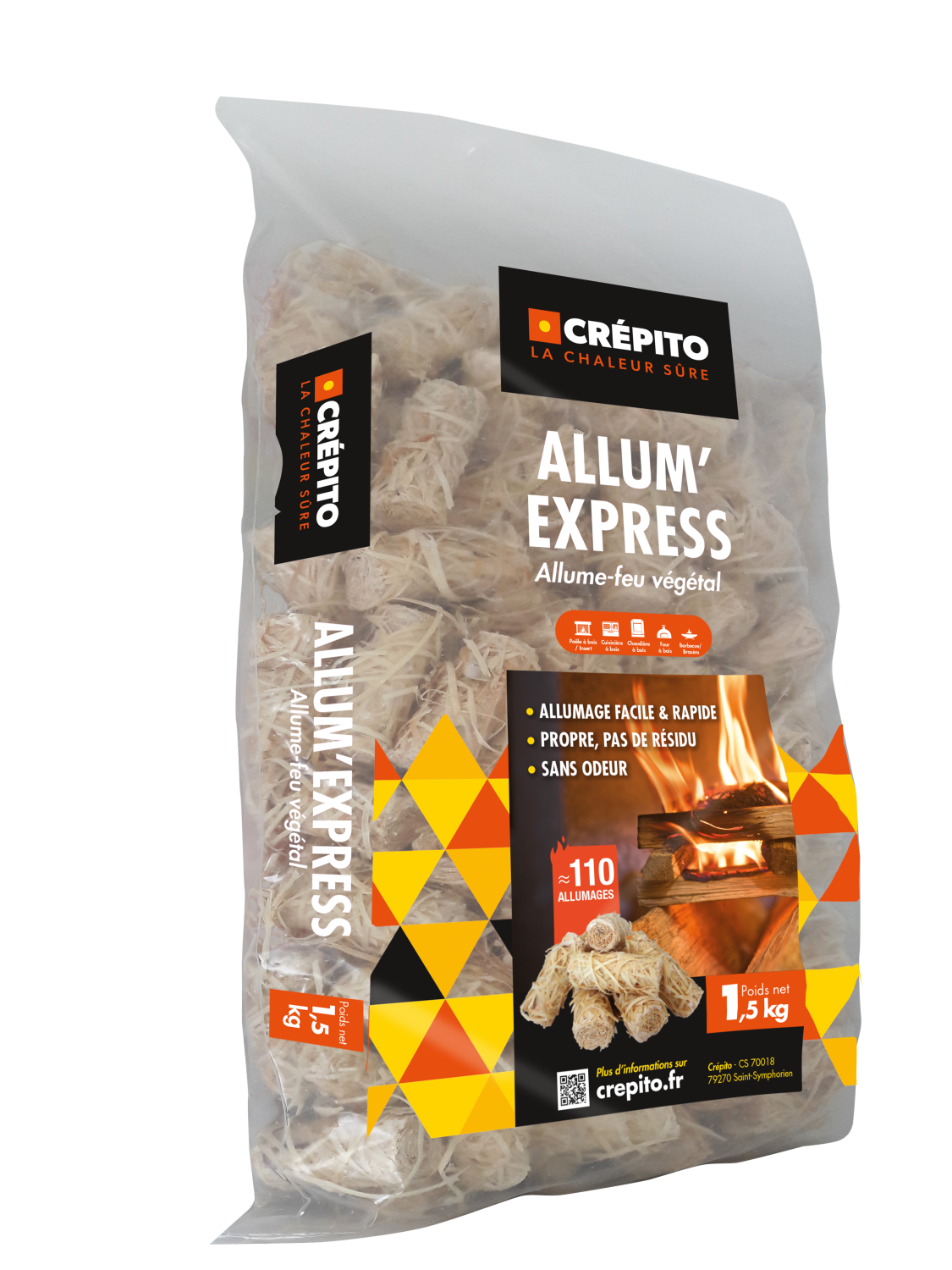 Verdichtete Holzscheite „Crépito“ – 104 Packungen à 5 Scheite (9,65 kg) + Anzündholz 40 L und Allum’express 1,5 kg (gratis dazu)