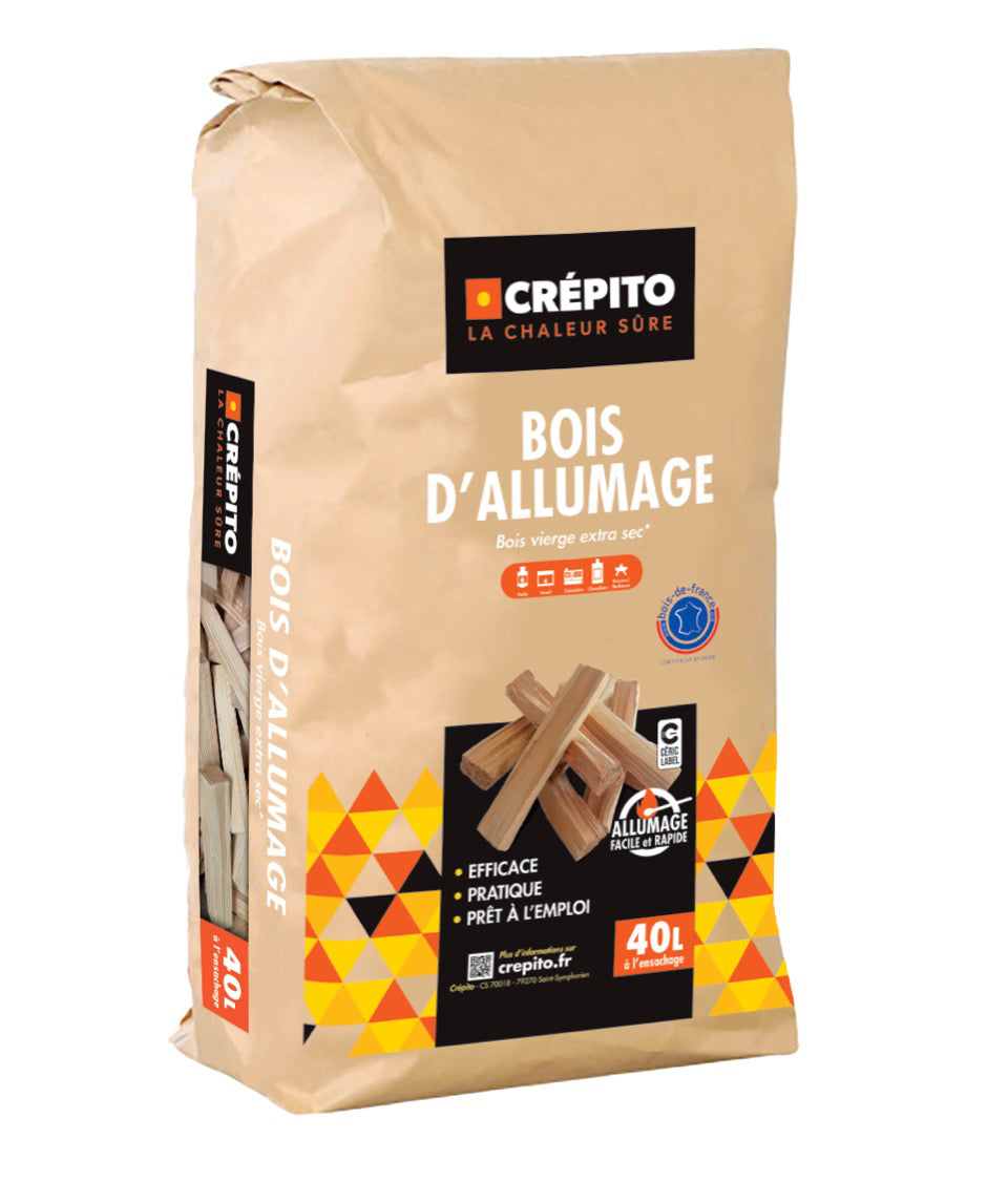 Verdichtete Holzscheite „Crépito“ – 104 Packungen à 5 Scheite (9,65 kg) + Anzündholz 40 L und Allum’express 1,5 kg (gratis dazu)
