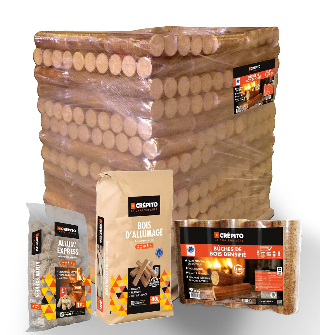 Verdichtete Holzscheite „Crépito“ – 104 Packungen à 5 Scheite (9,65 kg) + Anzündholz 40 L und Allum’express 1,5 kg (gratis dazu)